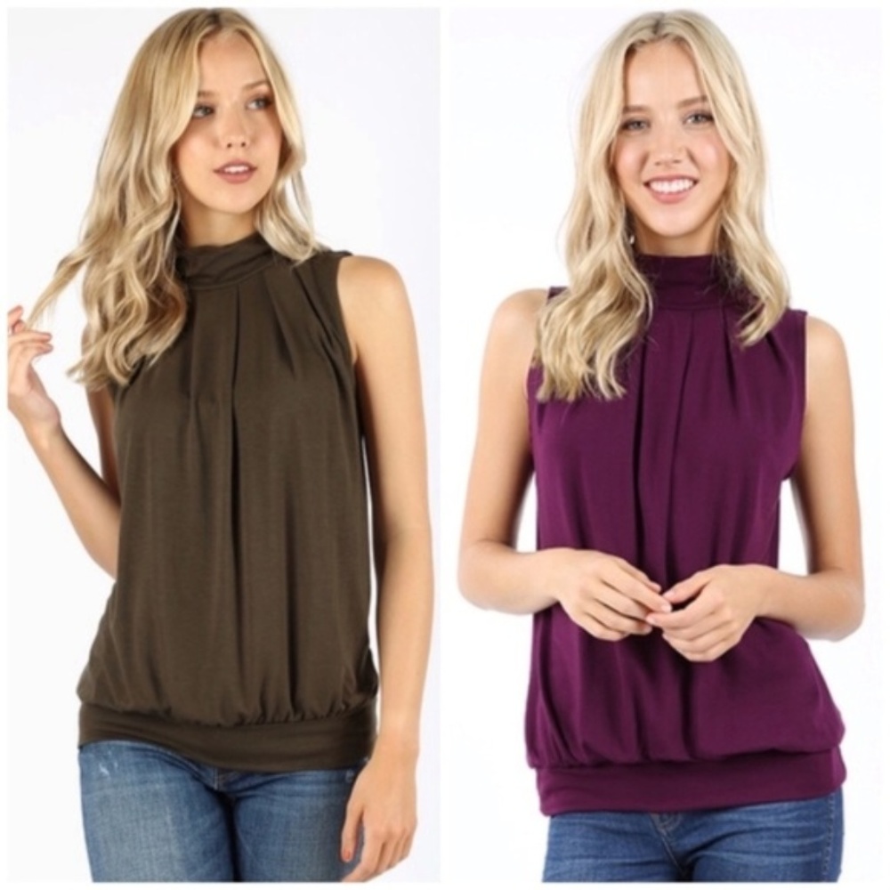 Olive High Neck Pleated Top